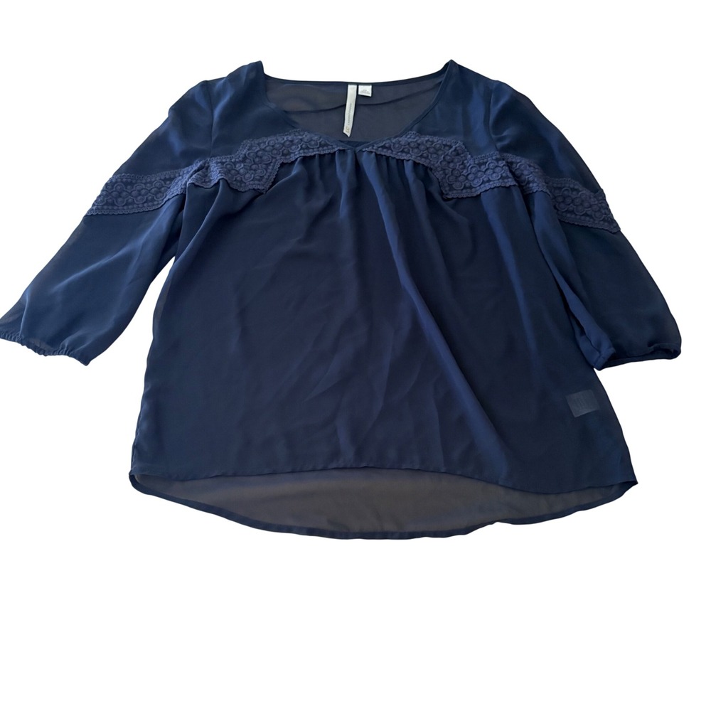 LC Lauren Conrad Navy Blue Semi Sheer Crochet Lace Trim Blouse Top XS